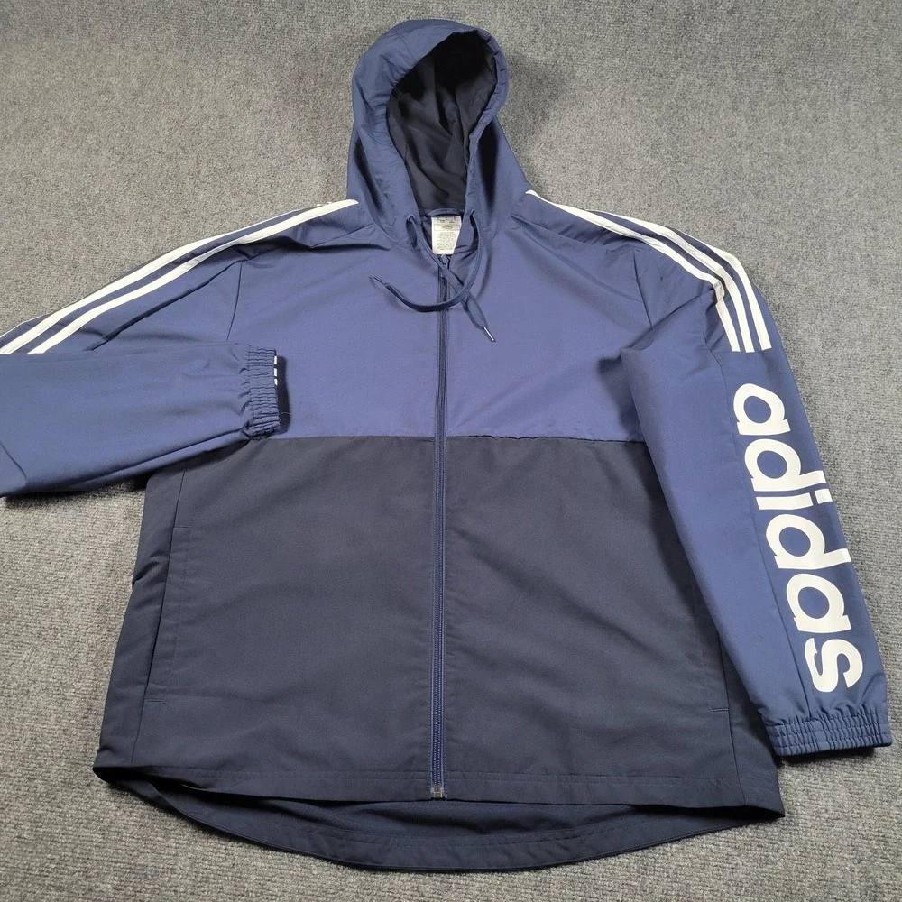 Adidas Jacket Mens Large Navy Blue Hooded Full Zip Windbreaker Training‎